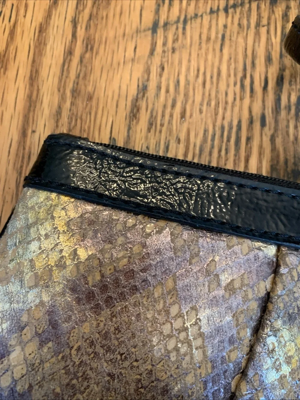 Wilson's Leather Zip Bag Pouch Wristlet Snakeskin Beige Black Gold Copper Foil